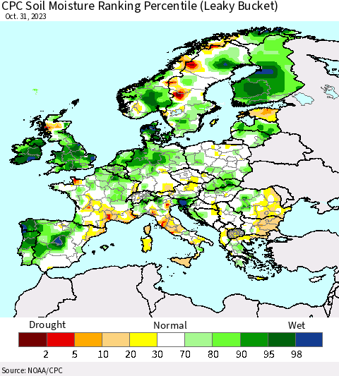 Europe CPC Soil Moisture Ranking Percentile (Leaky Bucket) Thematic Map For 10/26/2023 - 10/31/2023