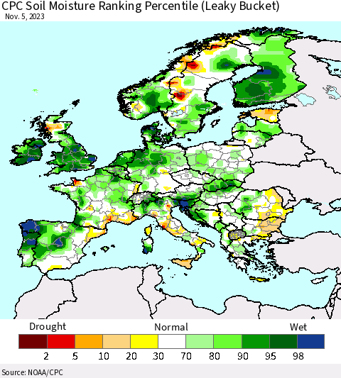 Europe CPC Soil Moisture Ranking Percentile (Leaky Bucket) Thematic Map For 11/1/2023 - 11/5/2023