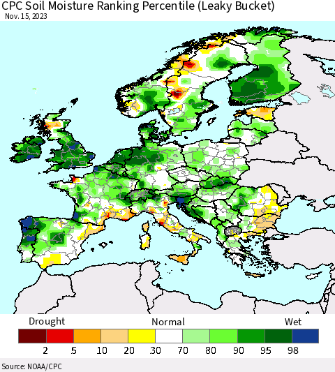 Europe CPC Soil Moisture Ranking Percentile (Leaky Bucket) Thematic Map For 11/11/2023 - 11/15/2023