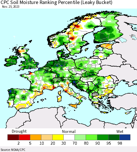 Europe CPC Soil Moisture Ranking Percentile (Leaky Bucket) Thematic Map For 11/21/2023 - 11/25/2023