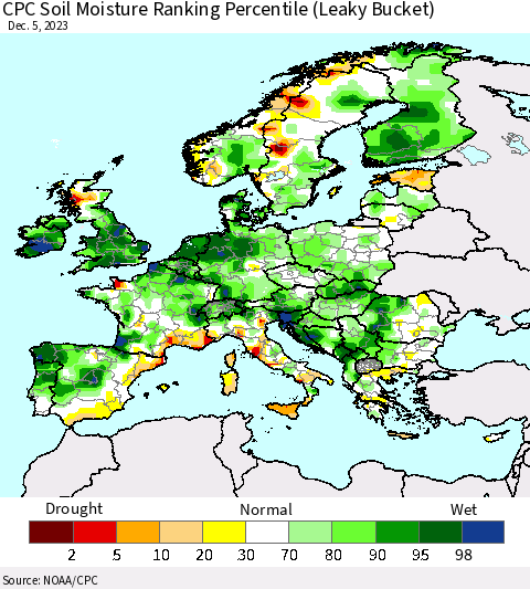 Europe CPC Soil Moisture Ranking Percentile (Leaky Bucket) Thematic Map For 12/1/2023 - 12/5/2023