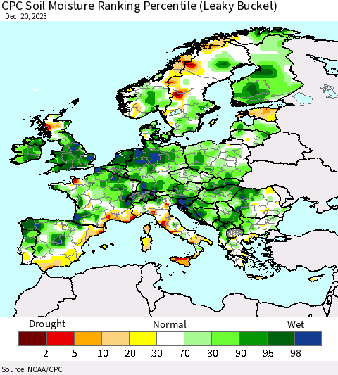 Europe CPC Soil Moisture Ranking Percentile (Leaky Bucket) Thematic Map For 12/16/2023 - 12/20/2023