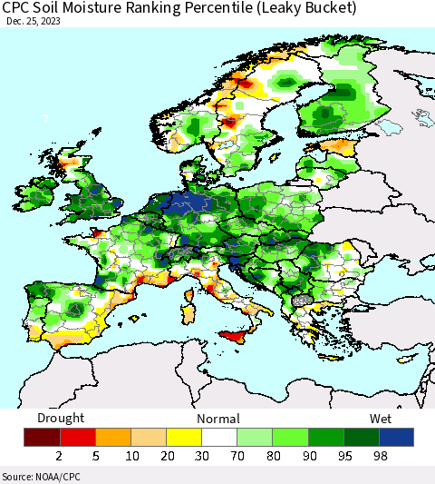Europe CPC Soil Moisture Ranking Percentile (Leaky Bucket) Thematic Map For 12/21/2023 - 12/25/2023