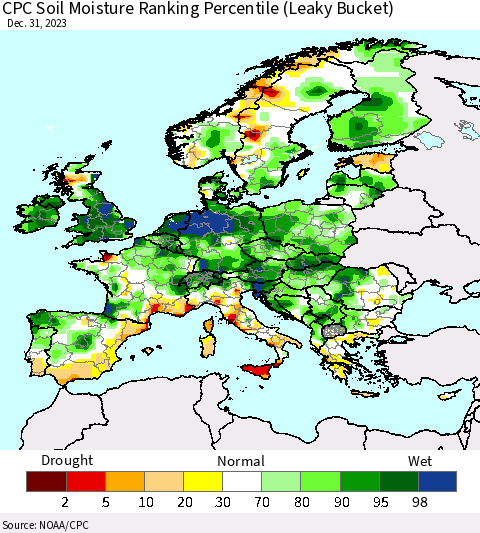 Europe CPC Soil Moisture Ranking Percentile (Leaky Bucket) Thematic Map For 12/26/2023 - 12/31/2023