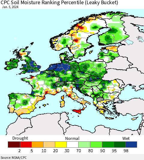 Europe CPC Soil Moisture Ranking Percentile (Leaky Bucket) Thematic Map For 1/1/2024 - 1/5/2024