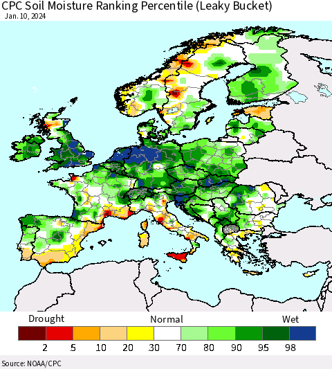 Europe CPC Soil Moisture Ranking Percentile (Leaky Bucket) Thematic Map For 1/6/2024 - 1/10/2024