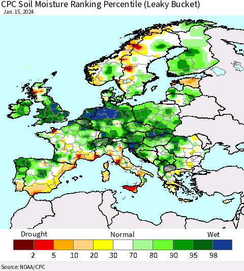 Europe CPC Soil Moisture Ranking Percentile (Leaky Bucket) Thematic Map For 1/11/2024 - 1/15/2024