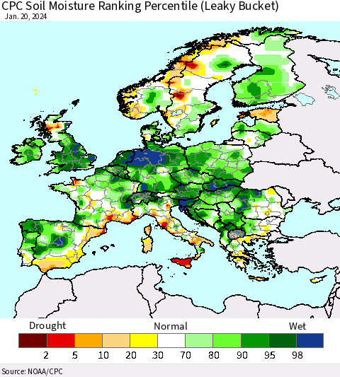 Europe CPC Soil Moisture Ranking Percentile (Leaky Bucket) Thematic Map For 1/16/2024 - 1/20/2024