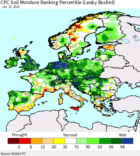 Europe CPC Soil Moisture Ranking Percentile (Leaky Bucket) Thematic Map For 1/21/2024 - 1/25/2024