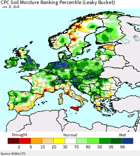 Europe CPC Soil Moisture Ranking Percentile (Leaky Bucket) Thematic Map For 1/26/2024 - 1/31/2024