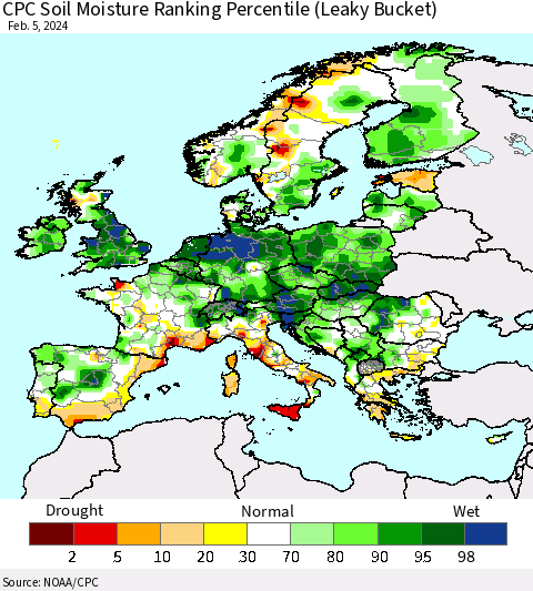 Europe CPC Soil Moisture Ranking Percentile (Leaky Bucket) Thematic Map For 2/1/2024 - 2/5/2024