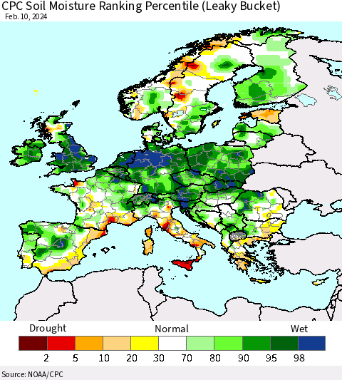 Europe CPC Soil Moisture Ranking Percentile (Leaky Bucket) Thematic Map For 2/6/2024 - 2/10/2024
