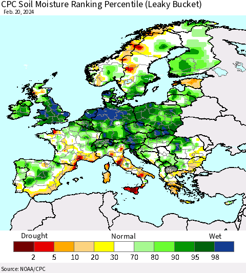 Europe CPC Soil Moisture Ranking Percentile (Leaky Bucket) Thematic Map For 2/16/2024 - 2/20/2024