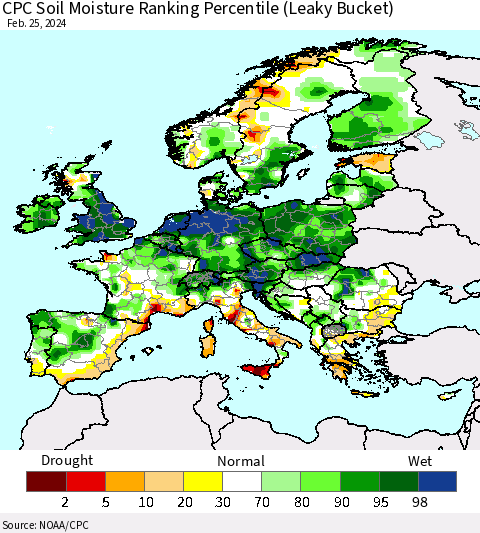 Europe CPC Soil Moisture Ranking Percentile (Leaky Bucket) Thematic Map For 2/21/2024 - 2/25/2024