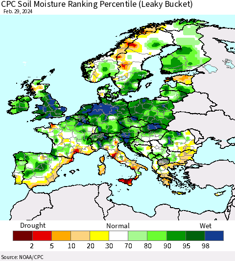 Europe CPC Soil Moisture Ranking Percentile (Leaky Bucket) Thematic Map For 2/26/2024 - 2/29/2024
