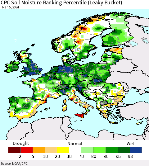 Europe CPC Soil Moisture Ranking Percentile (Leaky Bucket) Thematic Map For 3/1/2024 - 3/5/2024