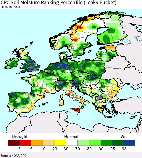 Europe CPC Soil Moisture Ranking Percentile (Leaky Bucket) Thematic Map For 3/6/2024 - 3/10/2024