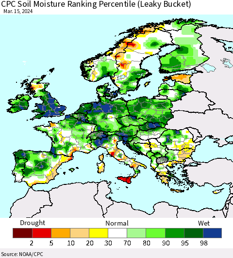 Europe CPC Soil Moisture Ranking Percentile (Leaky Bucket) Thematic Map For 3/11/2024 - 3/15/2024