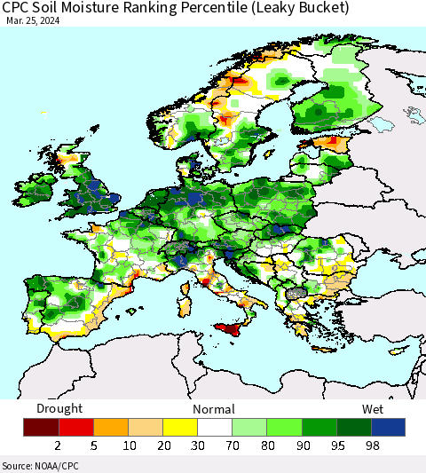 Europe CPC Soil Moisture Ranking Percentile (Leaky Bucket) Thematic Map For 3/21/2024 - 3/25/2024