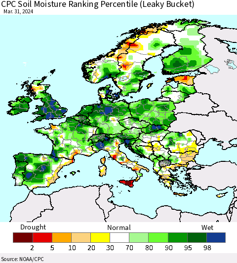 Europe CPC Soil Moisture Ranking Percentile (Leaky Bucket) Thematic Map For 3/26/2024 - 3/31/2024
