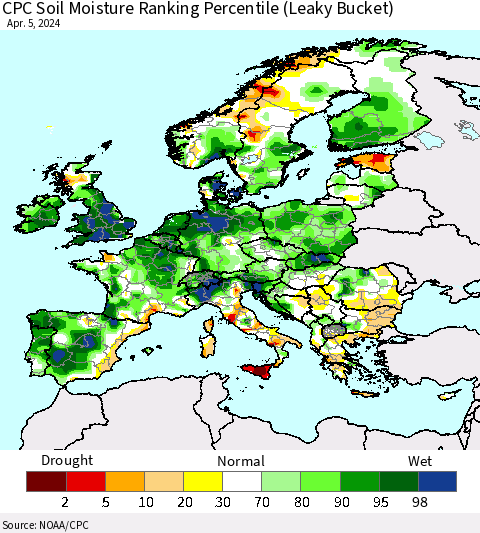 Europe CPC Soil Moisture Ranking Percentile (Leaky Bucket) Thematic Map For 4/1/2024 - 4/5/2024