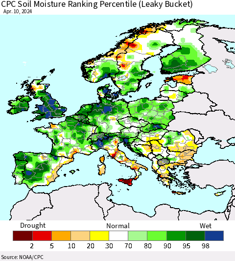 Europe CPC Soil Moisture Ranking Percentile (Leaky Bucket) Thematic Map For 4/6/2024 - 4/10/2024