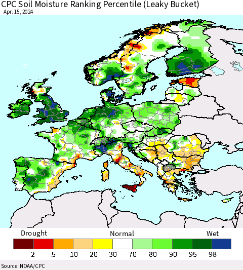 Europe CPC Soil Moisture Ranking Percentile (Leaky Bucket) Thematic Map For 4/11/2024 - 4/15/2024