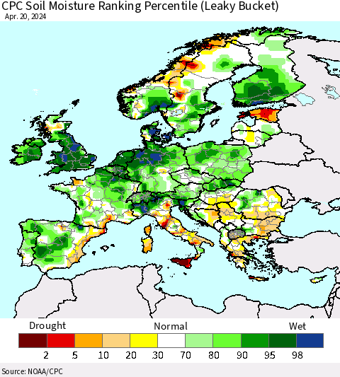 Europe CPC Soil Moisture Ranking Percentile (Leaky Bucket) Thematic Map For 4/16/2024 - 4/20/2024
