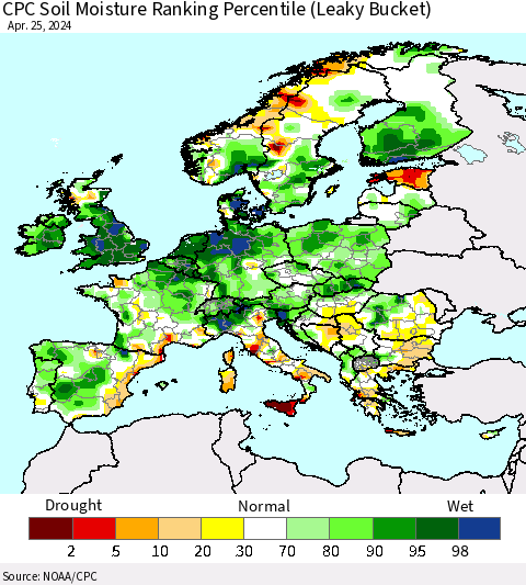 Europe CPC Soil Moisture Ranking Percentile (Leaky Bucket) Thematic Map For 4/21/2024 - 4/25/2024