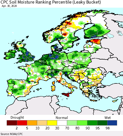 Europe CPC Soil Moisture Ranking Percentile (Leaky Bucket) Thematic Map For 4/26/2024 - 4/30/2024