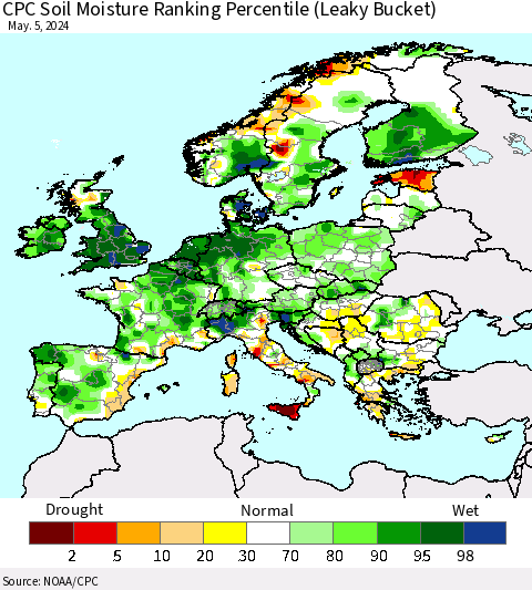 Europe CPC Soil Moisture Ranking Percentile (Leaky Bucket) Thematic Map For 5/1/2024 - 5/5/2024