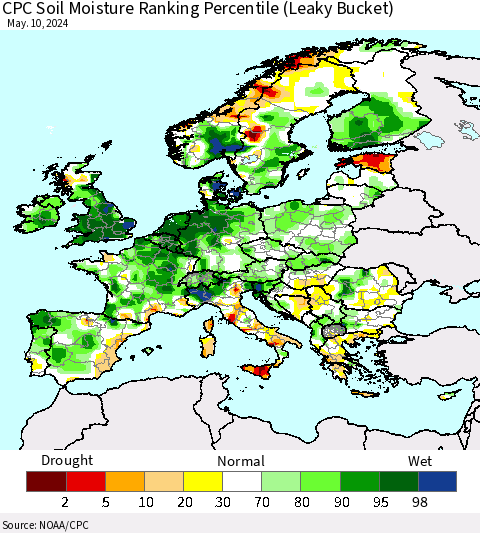 Europe CPC Soil Moisture Ranking Percentile (Leaky Bucket) Thematic Map For 5/6/2024 - 5/10/2024