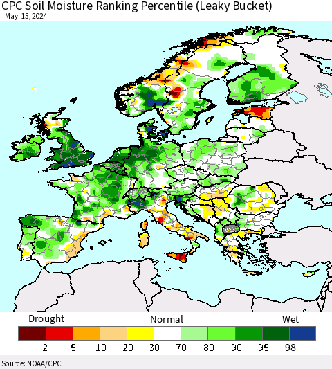 Europe CPC Soil Moisture Ranking Percentile (Leaky Bucket) Thematic Map For 5/11/2024 - 5/15/2024