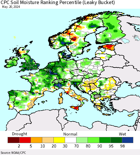 Europe CPC Soil Moisture Ranking Percentile (Leaky Bucket) Thematic Map For 5/16/2024 - 5/20/2024