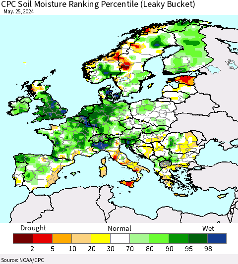 Europe CPC Soil Moisture Ranking Percentile (Leaky Bucket) Thematic Map For 5/21/2024 - 5/25/2024