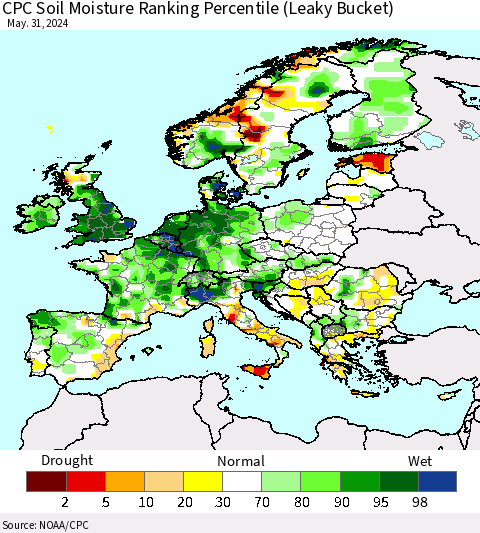 Europe CPC Soil Moisture Ranking Percentile (Leaky Bucket) Thematic Map For 5/26/2024 - 5/31/2024