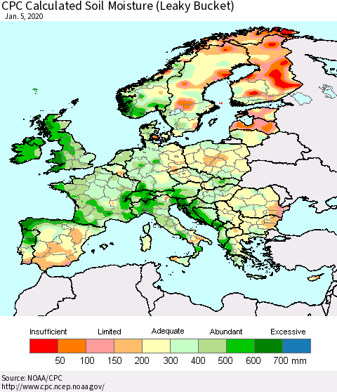 Europe CPC Soil Moisture (Leaky Bucket) Thematic Map For 1/1/2020 - 1/5/2020