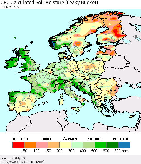 Europe CPC Soil Moisture (Leaky Bucket) Thematic Map For 1/21/2020 - 1/25/2020