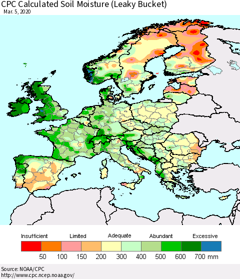 Europe CPC Soil Moisture (Leaky Bucket) Thematic Map For 3/1/2020 - 3/5/2020