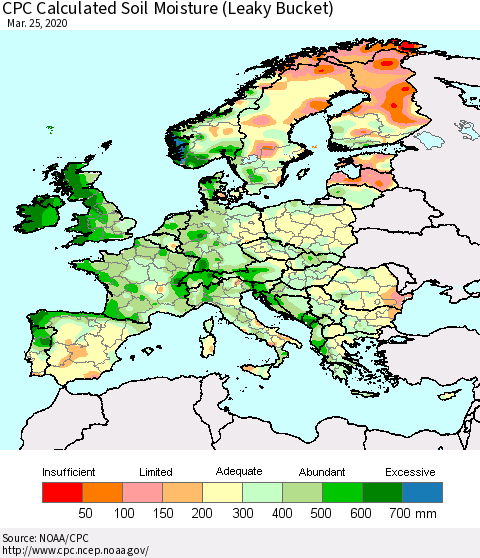 Europe CPC Soil Moisture (Leaky Bucket) Thematic Map For 3/21/2020 - 3/25/2020