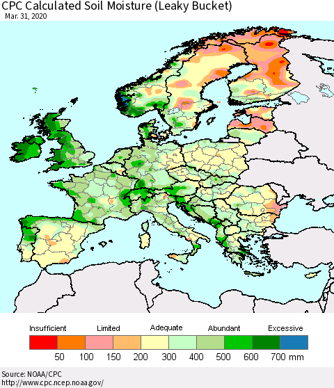 Europe CPC Soil Moisture (Leaky Bucket) Thematic Map For 3/26/2020 - 3/31/2020