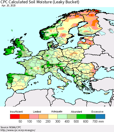 Europe CPC Soil Moisture (Leaky Bucket) Thematic Map For 4/16/2020 - 4/20/2020