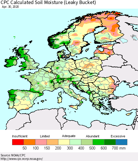 Europe CPC Soil Moisture (Leaky Bucket) Thematic Map For 4/26/2020 - 4/30/2020