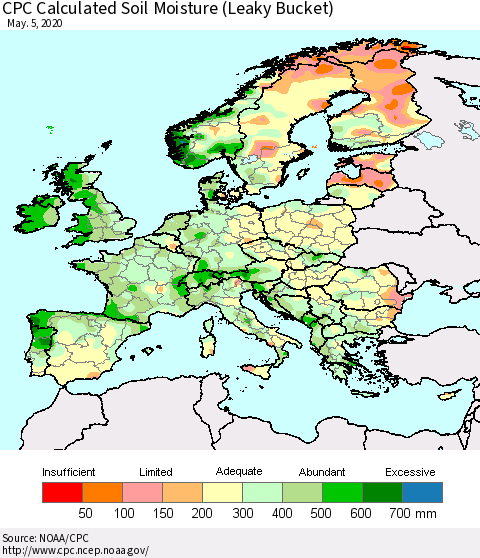 Europe CPC Soil Moisture (Leaky Bucket) Thematic Map For 5/1/2020 - 5/5/2020