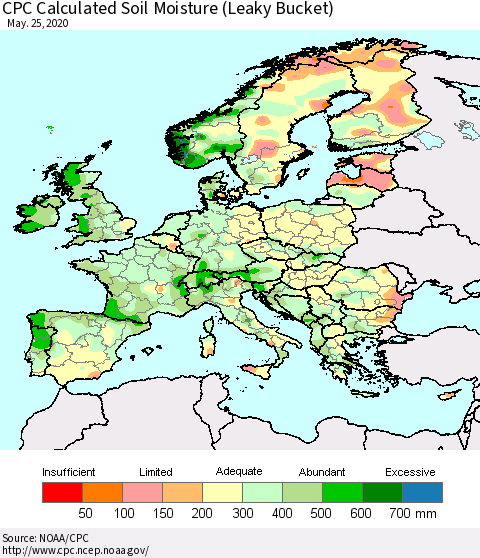Europe CPC Soil Moisture (Leaky Bucket) Thematic Map For 5/21/2020 - 5/25/2020