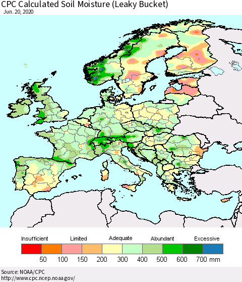 Europe CPC Soil Moisture (Leaky Bucket) Thematic Map For 6/16/2020 - 6/20/2020