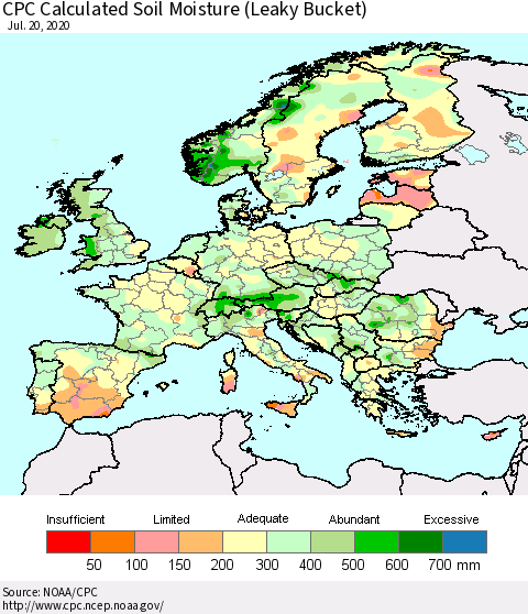 Europe CPC Soil Moisture (Leaky Bucket) Thematic Map For 7/16/2020 - 7/20/2020