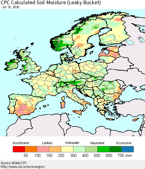 Europe CPC Soil Moisture (Leaky Bucket) Thematic Map For 7/26/2020 - 7/31/2020