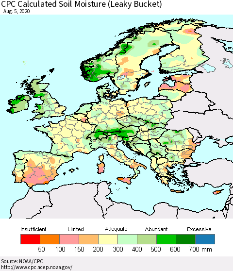 Europe CPC Soil Moisture (Leaky Bucket) Thematic Map For 8/1/2020 - 8/5/2020
