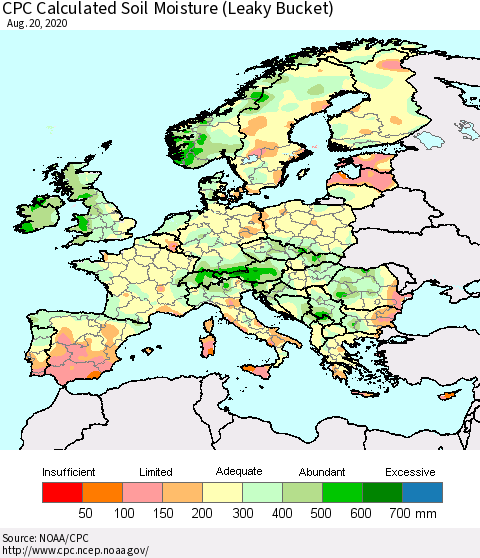 Europe CPC Soil Moisture (Leaky Bucket) Thematic Map For 8/16/2020 - 8/20/2020
